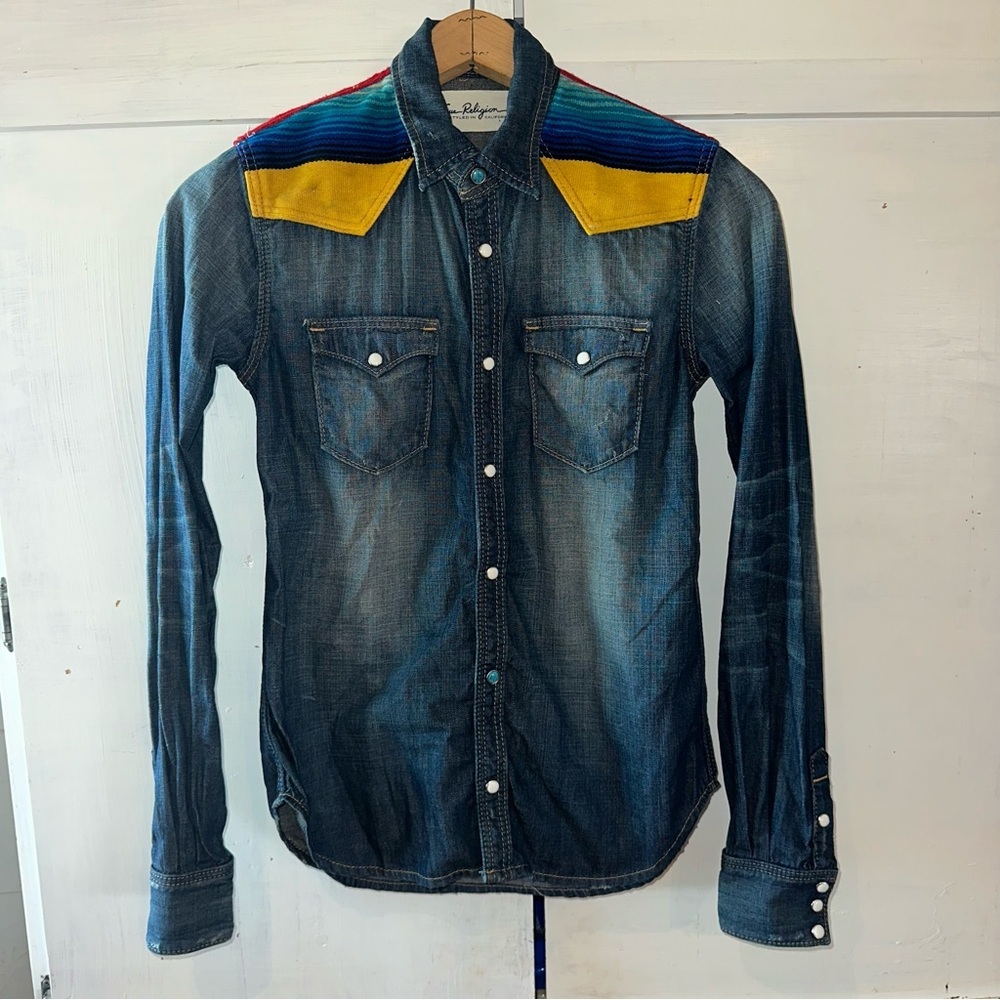 True Religion GEORGIA BAJA WESTERN Shirt Aztec Denim Pearl Snap Serape S: XS / S - Picture 2 of 10